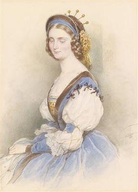 Artwork by Josef Kriehuber, Bildnis einer jungen Dame in blauem Kleid, Made of watercolor on paper