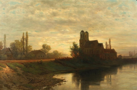 Sunset over a Riverside Church with Figures by Lev Felixovich Lagorio, 1886