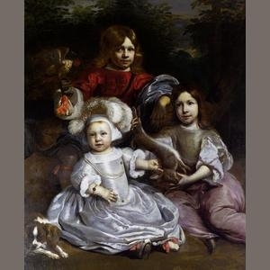 Portrait of a young boy with a falcon standing beside a young girl and a younger boy holding a hare, both seated in a landscape by Jan de Baen, 1661'