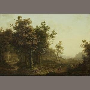 Travellers in a wooded landscape with a cottage in the distance by Bernhard Gottfried Manskirch