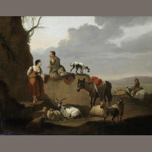 Artwork by Michel Duplessis, Two works: A drover and his cattle fording a river; and A shepherd and shepherdess in a landscape with their dog, goats and sheep, Made of oil on panel