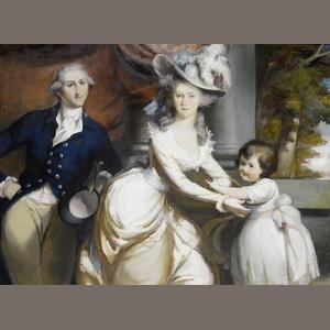 Portrait of a gentleman, his wife and their daughter, believed to be the Biddle Family, standing by columns before a landscape by Daniel Gardner