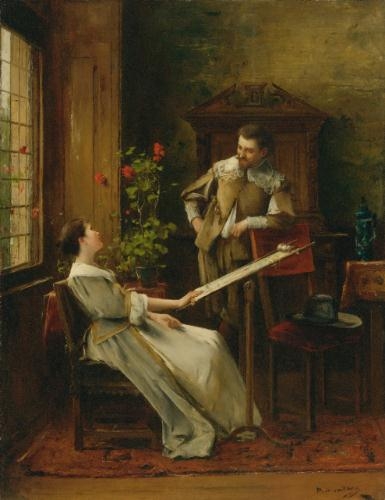 Artwork by Mihaly Munkacsy, Flirt (La Broderie), Made of oil  on  panel