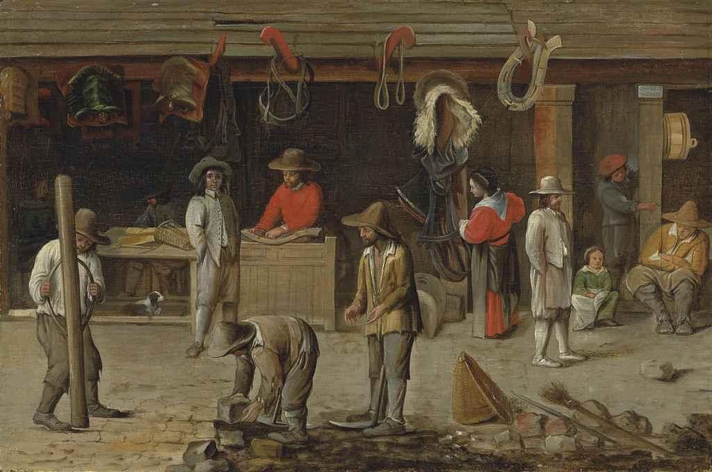 French School, 16th Century | Workers paving a road and other figures ...