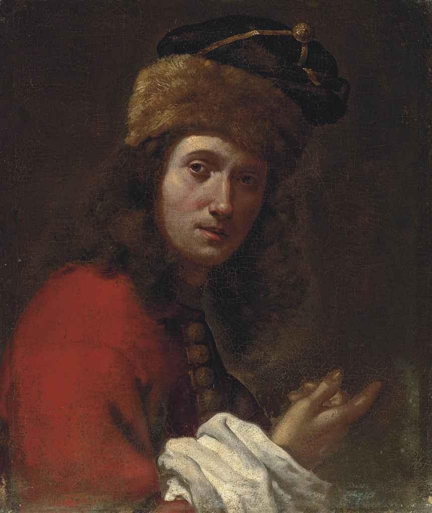 Artwork by Lorenzo Lippi, Portrait of a man, bust-length, in a red, fur-trimmed coat and black fur hat, Made of oil on canvas