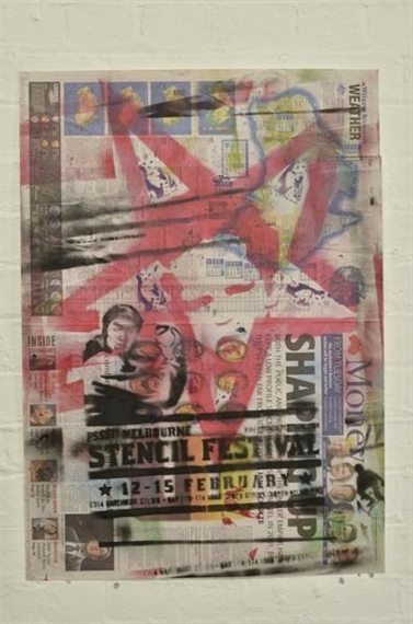 A layered stencil art piece featuring a central figure, bold text, and abstract shapes on a textured background.