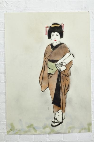 Artwork by Fugitive, Untitled (Geisha with Time Bomb), Made of enamel stencil print on card