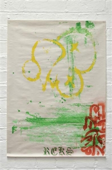 A mixed-media print featuring abstract yellow shapes, green brushstrokes, and red text on a textured paper surface.