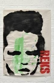 A bold, graphic portrait featuring a stylized face with green and black paint against a white background.