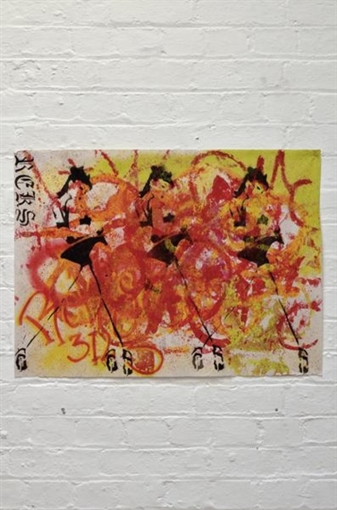 A chaotic abstract composition featuring stylized figures amidst a fiery explosion of red, orange, and yellow marks.