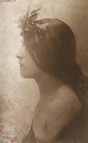 A sepia-toned profile portrait of a figure with a floral crown.
