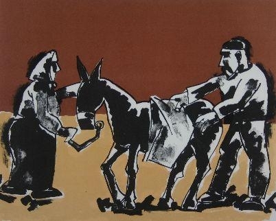 two field working figures and a mule