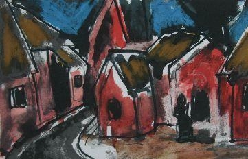 Artwork by Josef Herman, village scene with seated figure, Made of linocut print