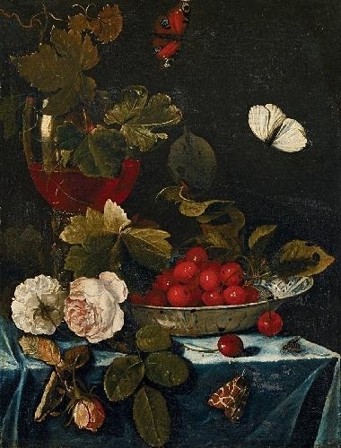 STILL LIFE WITH ROSES, ROEMER AND A CHINESE BOWL WITH CHERRIES by Harmen Loeding