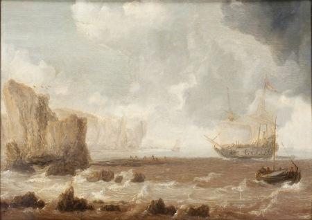 A Dutch Battleship and Sailing Boats in Choppy Seas near a Rocky Coast by Bonaventura Peeters I