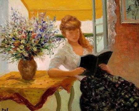 Marcel Dyf | Jeune Femme Lisant Près du Vase de Fleurs | MutualArt