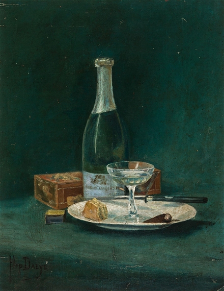 Still life with champagne bottle by Hippolyte Daeye, circa 1900-1905
