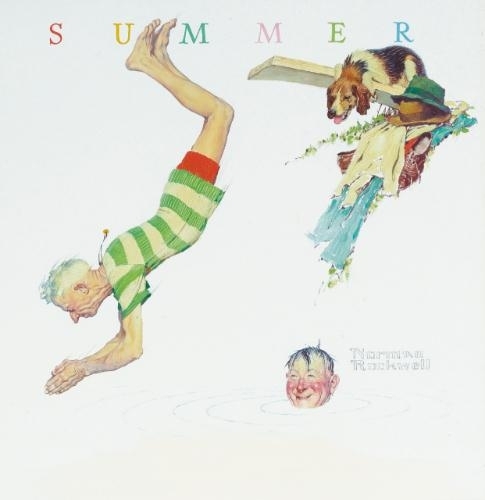 TWO OLD MEN AND DOG: SWIMMING HOLE by Norman Rockwell, 1950