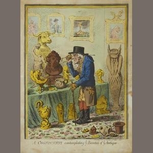 2 Works: A Cognocenti contemplating ye Beauties of ye Antique & An Old Maid on a Journey by James Gillray, 1801