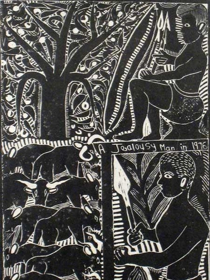 A Jealousy Man in 1976 by John Ndevasia Muafangejo, 1976