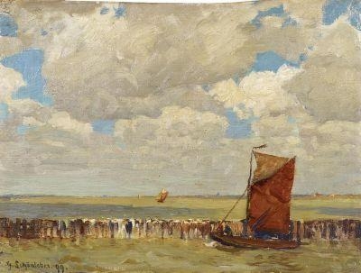 Artwork by Gustav Schönleber, On the Coast of Flushing, Made of Oil on canvas, laid on card