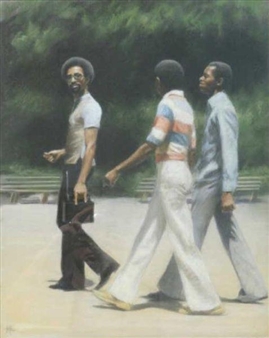 A painting of three figures walking in a park, rendered with soft brushwork and naturalistic colors.