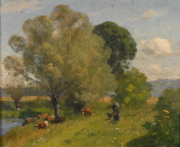 Artwork by Louis Alexandre Bouché, Woman and Child in Pastoral Landscape, Made of oil on canvas