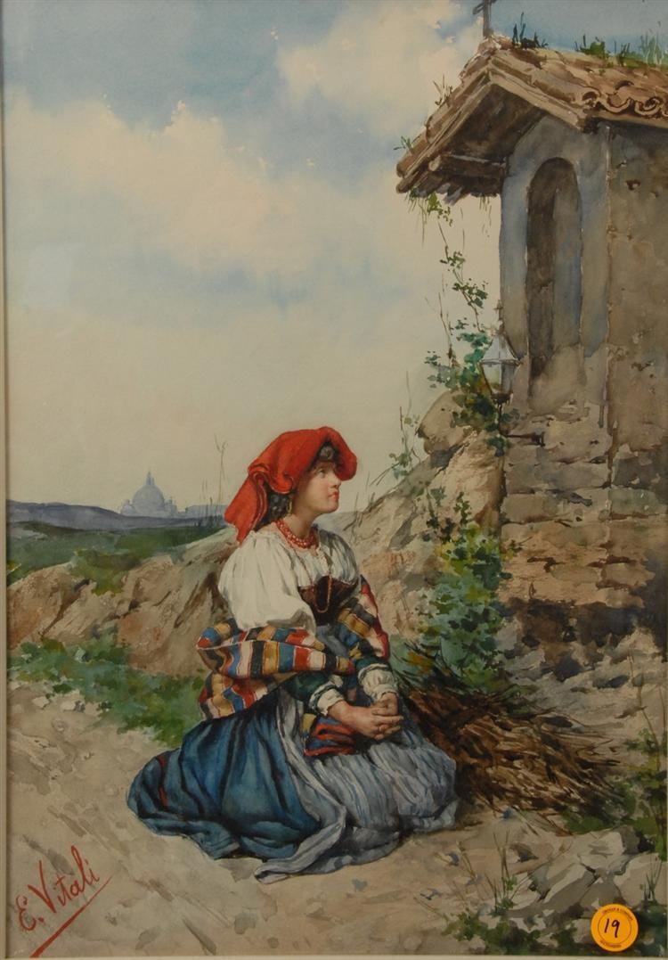 Artwork by Edouardo Vitali, Girl in Landscape Praying at a Shrine, Made of watercolor