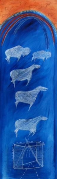 Artwork by Joane Cardinal-Schubert, THE STORY OF THE WHITE BUFFALO, Made of mixed media on paper