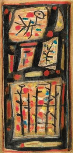 Artwork by Roger Bissière, Composition 119 (Oiseau rouge sur noir), Made of egg tempera on canvas