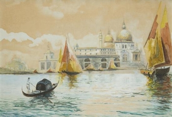 VENICE, GONDOLA AND SAILS IN THE LACOON CLOSE TO SANTA MARIA DELLA SALUTE - E. H. Hosperger