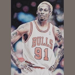 A portrait of a basketball player in a white jersey with red lettering and number, set against a blurred background.
