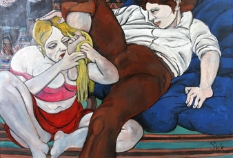 A vibrant painting of two figures in an intimate embrace, rendered with bold colors and expressive brushwork.