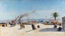 A wide, sun-drenched industrial landscape featuring a steam-powered crane and scattered machinery under a pale blue sky.