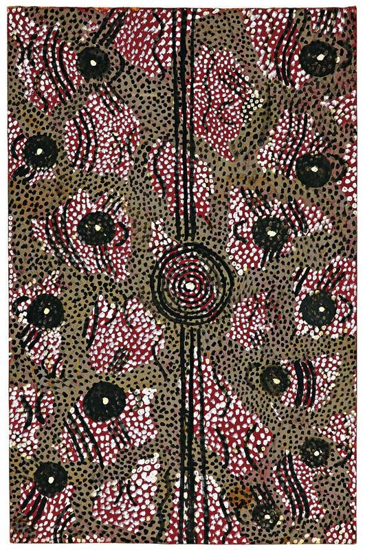 Artwork by Tim Leura Tjapaltjarri, Bushfire Travelling Dreaming, Made of synthetic polymer paint on composition board