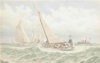 The one-design Newport 30 Class of the New York Yacht Club converging at the leeward mark in Long Island Sound - Frederic Schiller Cozzens