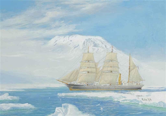 The whaler, sealer and polar exploration vessel Terra Nova negotiating her way through the ice by Harold Wyllie