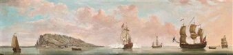 A Squadron of the Red arriving in the bay before Gibraltar, with the flagship firing a salute to alert the town and fortress beyond - Francis Swaine