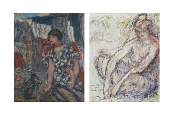 Two works:Femme assise au singe by Edmond-Francois Aman-Jean, 1927