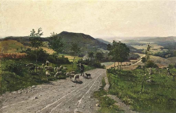 Shepherds making way on a country track by Paul Franz Flickel