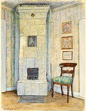 Artwork by Johannes Larsen, Interior from Johannes Larsen's house in Båxhult in Sweden with the impressive white stove, Made of Watercolour on paper