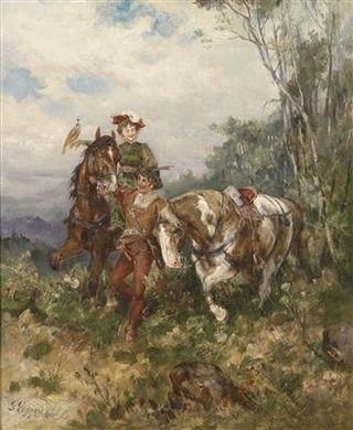A Lady Falconer on Horseback with Companion by Gustav Eggena