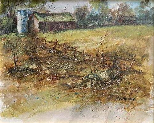 Artwork by R. V. Mariani, Landscape with Barn, Made of watercolor on paper