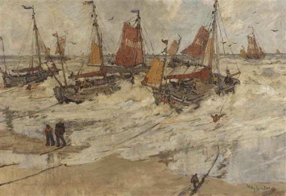 Bomschuiten in the surf, Scheveningen by Willy Sluiter, 1896