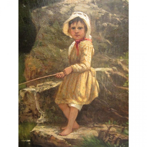 Henri Rondel | Young Girl Fishing at a Stream | MutualArt