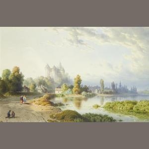 Artwork by Eugène Edouard Soulès, Landscape with castle by a lake, Made of watercolour