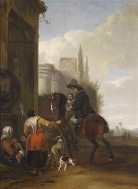 A horseman and his child taking a rest with a gypsy family by Hendrick Verschuring