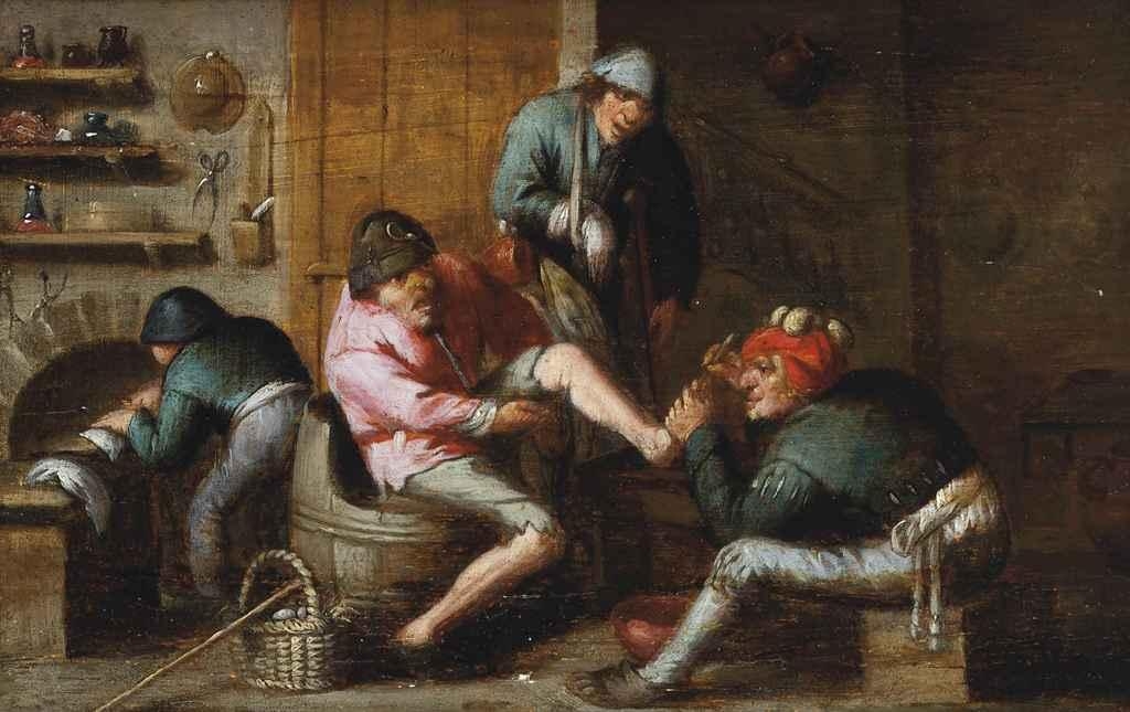 A quack operating on the foot of a peasant, with other figures, in a kitchen interior; and A couple sitting at a table with a pitcher and a pipe, in an interior by Adriaen Brouwer, 7 1/8 x 11½ in. (18 x 29.2 cm.)