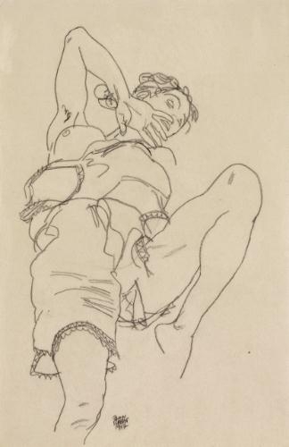 FRAU IN UNTERWÄSCHE SICH RÜCKWÄRTS LEHNEND(WOMAN IN UNDERCLOTHES LEANING BACKWARD) by Egon Schiele, 1917