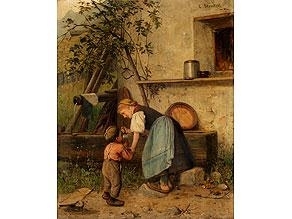 KLEINES MÄDCHEN UND KNÄBLEIN AM WASSERTROG VOR DEM HAUS by Emil Strecker